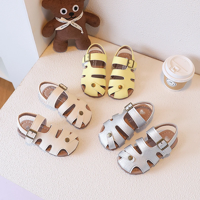 

Summer Girl's Casual Shoes Cover Toe Hook-loop Hollow Out Daily Kid's Flat Shoe Solid Colors Anti-slip Fashion Children Shoe