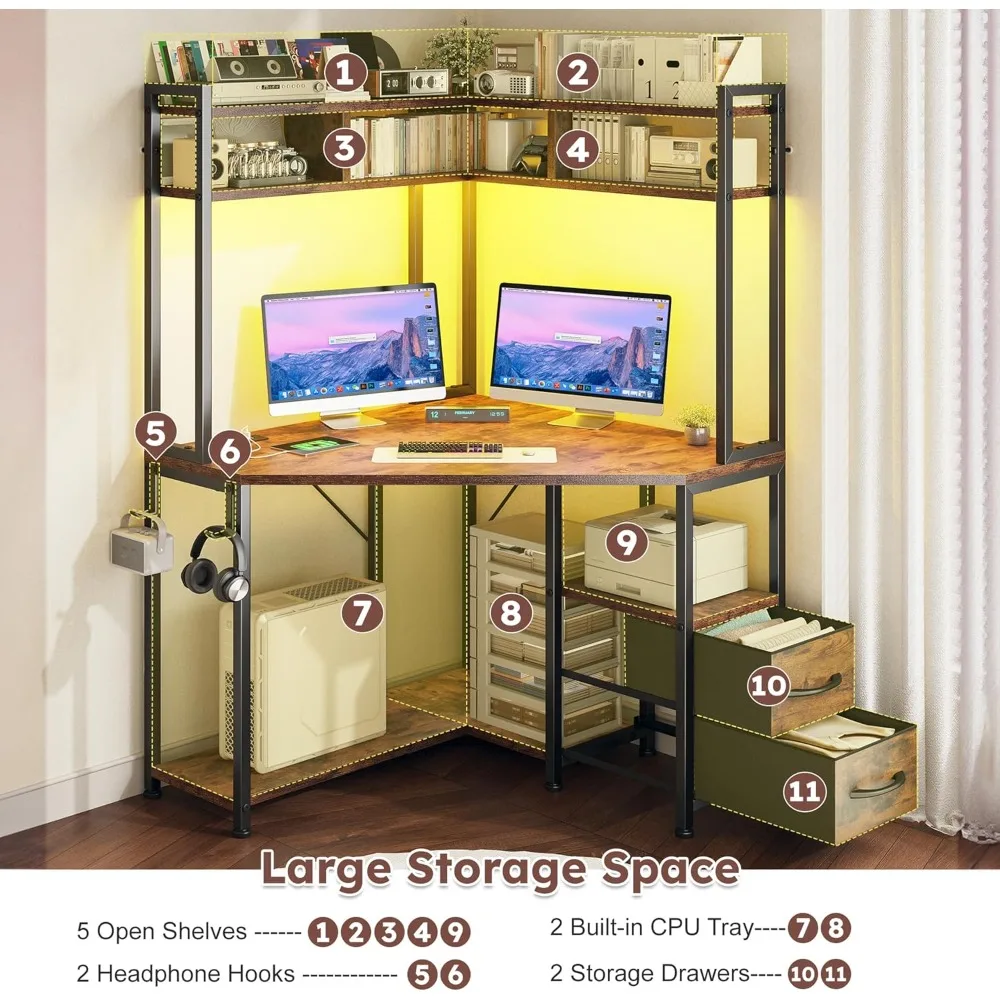 Biurko narożne, 90 cm szer. x 160 cm wys., małe biurko komputerowe i biurko biurowe z półką i oświetleniem LED, biurko gamingowe z szufladami i półkami