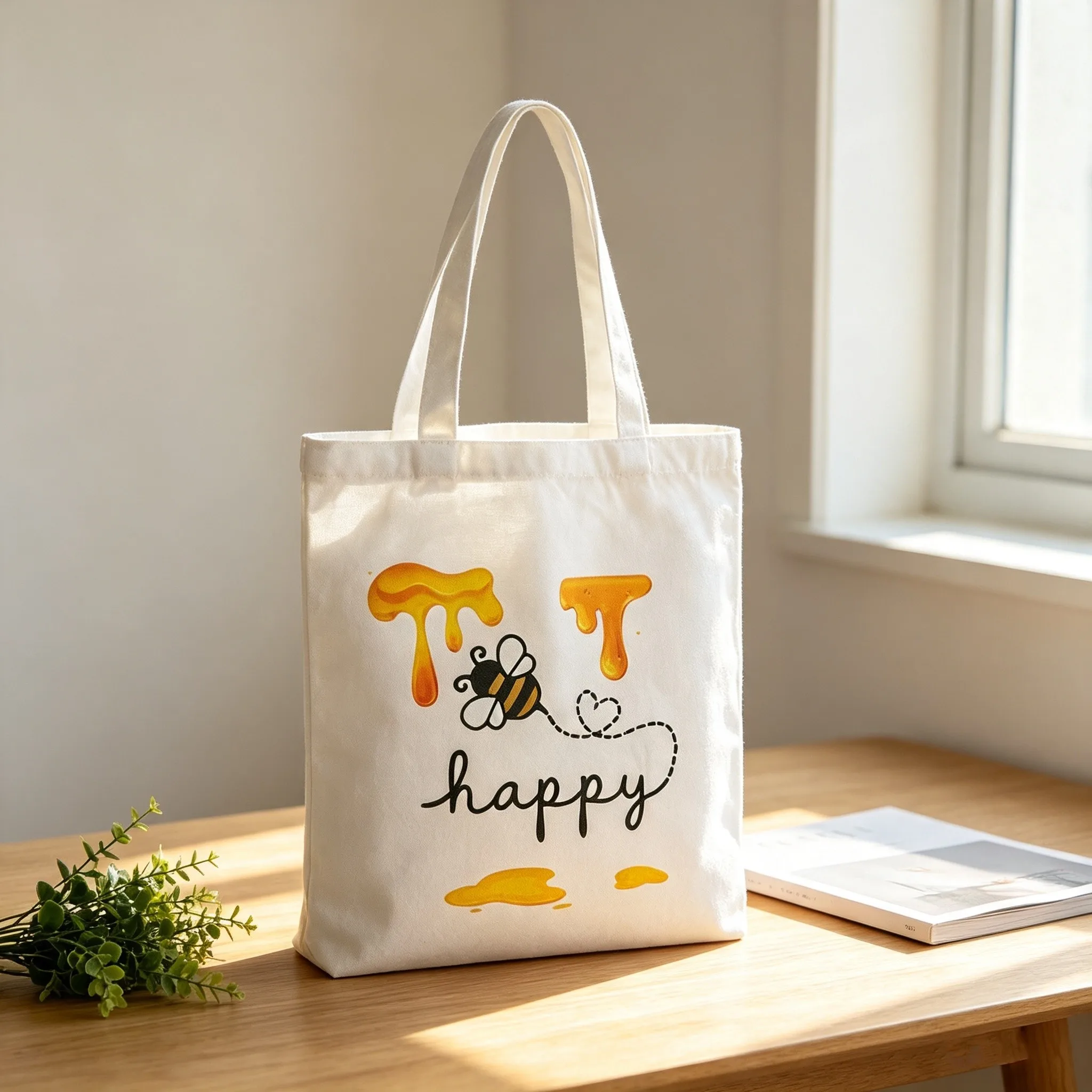 Happy Honey Bee Cartoon Soft Canvas Tote Bag Portable Office Work Daily Shopping Shoulder Handbag Fashion Pattern Gift