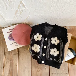 Children's Knitted Cardigan Vest 2024 New Autumn Outfit Fashion Cute Children's Korean Version Baby Forest Flower Vest Sweater