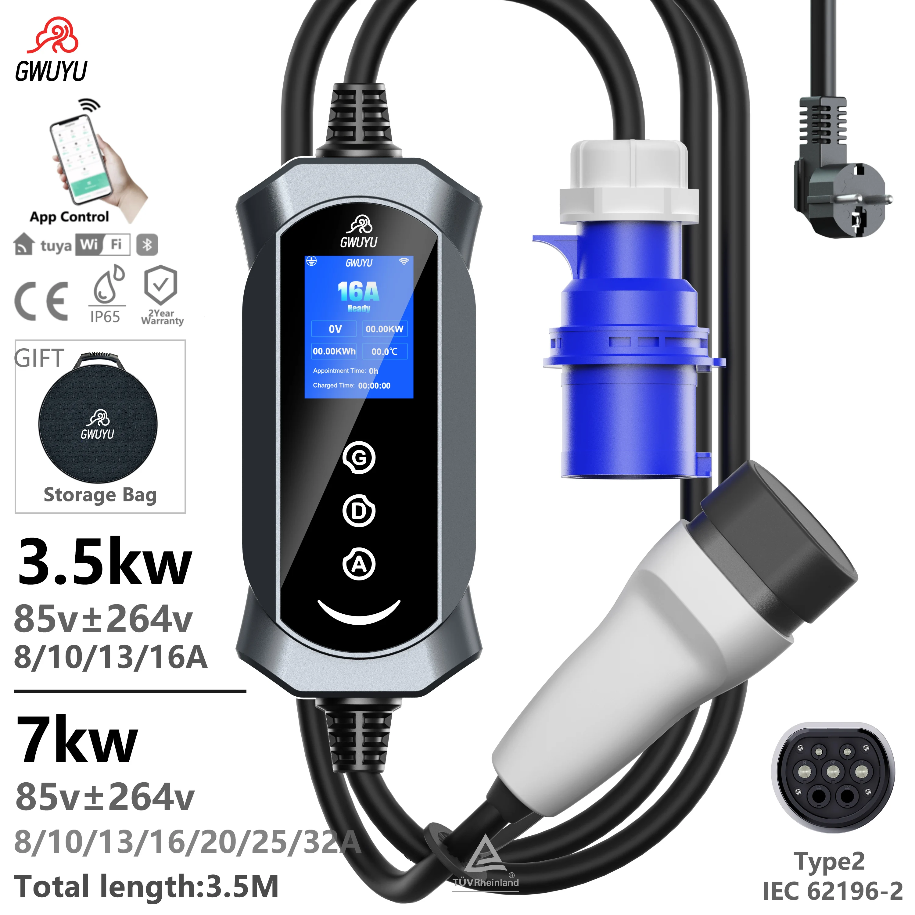 

GWUYU Portable AC EV Charger 3.5KW 7KW Delay Charging APP Start 3 Button Control Portable Electric Car Charging Pile