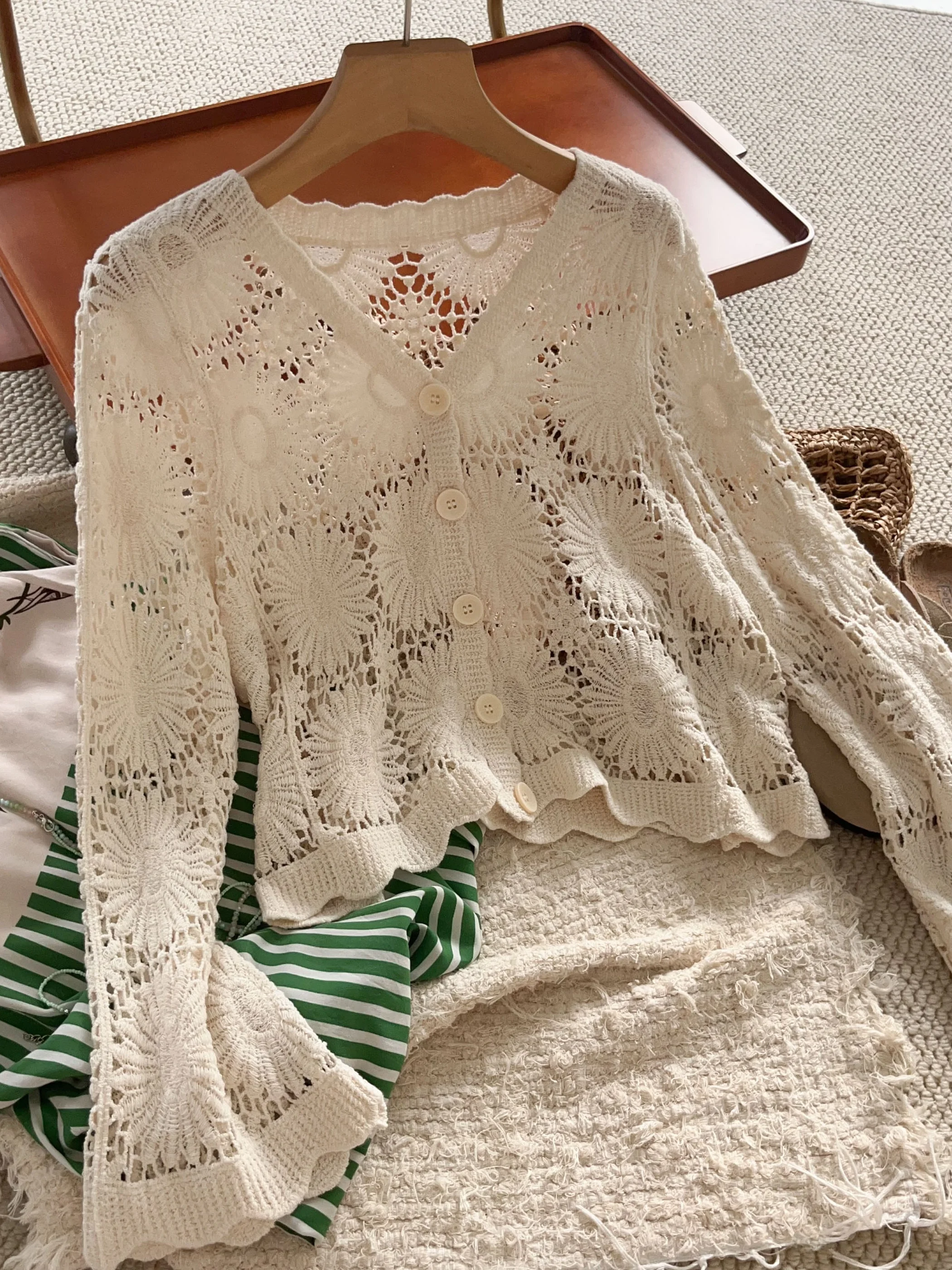 

Sweet Style V-Neck Knitted Cardigan Women's Small Jacket Hollow out Embroidery Soft Cotton Summer Long Sleeve Short Coat