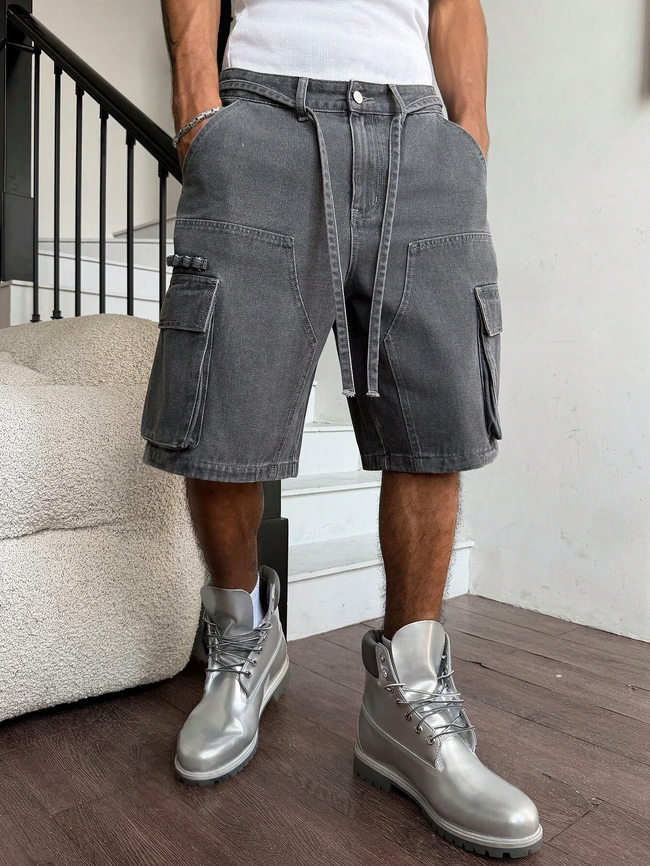 Men Grey Washed Cargo Denim Shorts Baggy Loose Fit Multi-Pocket Casual Streetwear Jean Shorts For Male