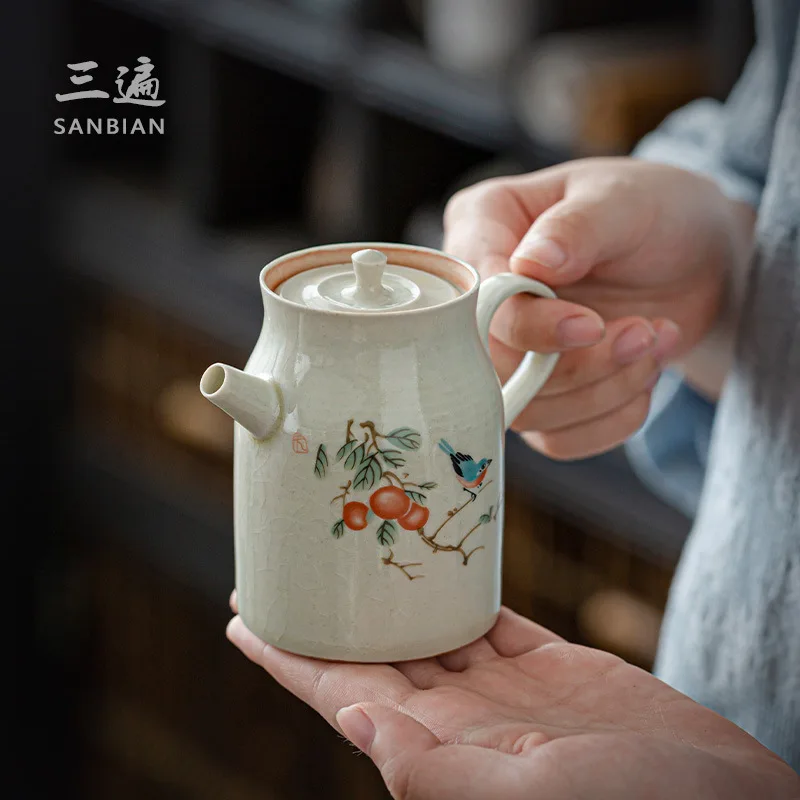 

★★Jingdezhen Kung Fu Tea Set Hand Drawn Teapot Gracked Glaze Grass and Wood Gray Supportable Tea Making Small Single Pot Ceramic