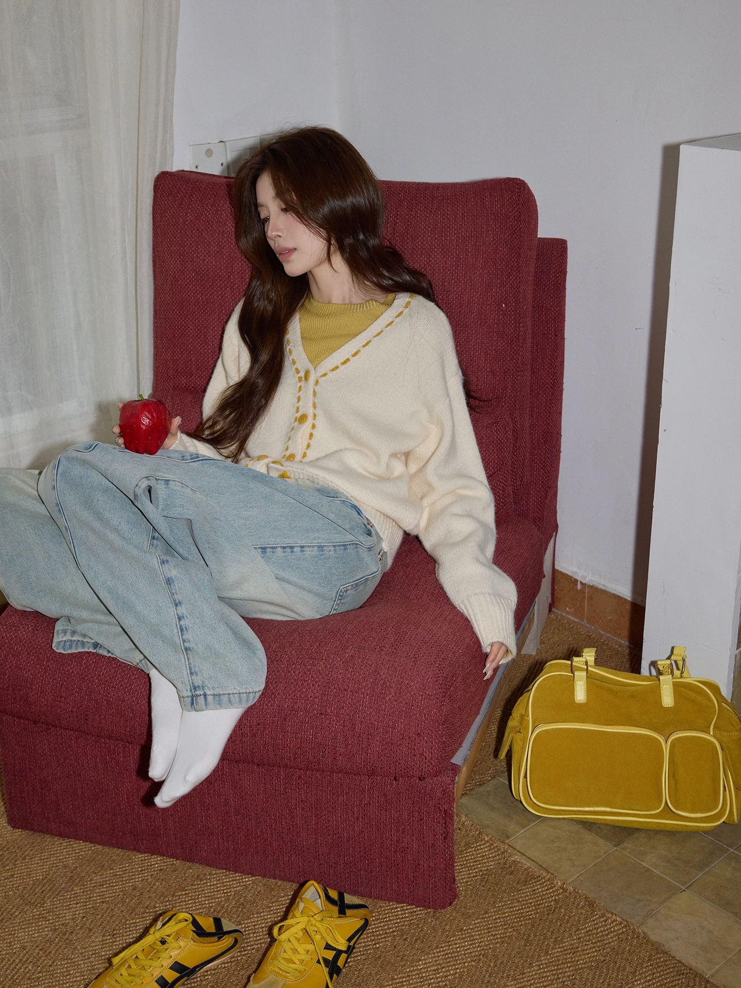 

Женский вязаный кардиган Chaocha Home: свободный крой, длинный рукав, V-образный вырез, осенне-зимняя модная удобная верхняя одежда