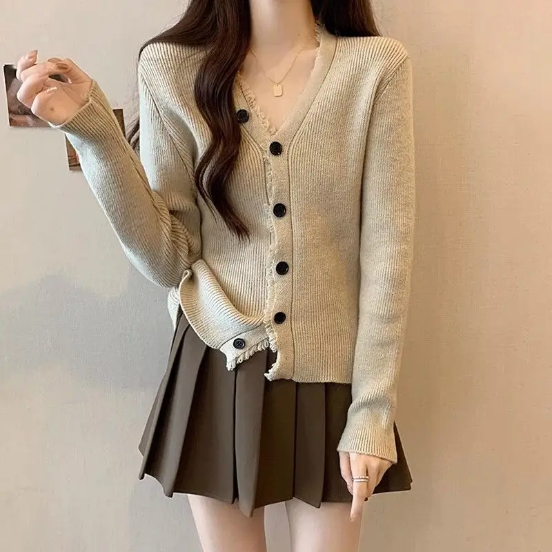 Lazy Style V-neck Sweater Jacket for Women New Plus Size Fat Mm Knitted Cardigan Slimming Off Covering the Belly and Hiding