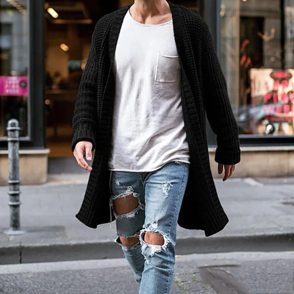 Men Knit Cardigans Sweater Coats Fashion Trench Solid Color Open Front  Long Sweaters Coat Male Clothes