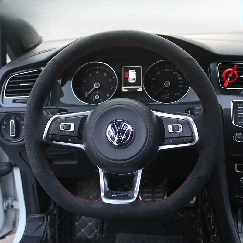

For Volkswagen Golf7 GTI GolfR MK7 Polo GTI Scirocco 2015 2016 Hand-Stitched Black suede car Steering Wheel Cover