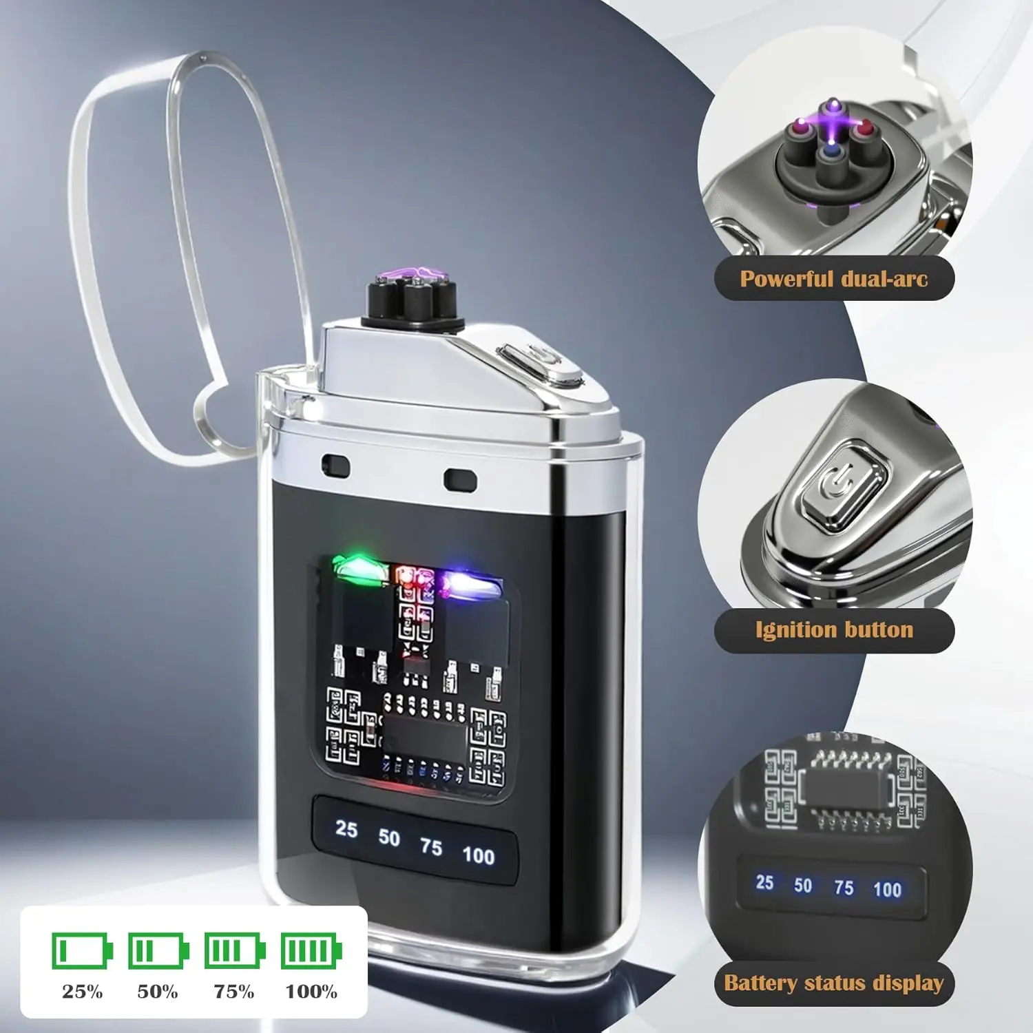 Ice-Transparent Gradient Double Arc Lighter LED Light Effects and Digital Battery Display, Windproof and Flameless for Outdoor