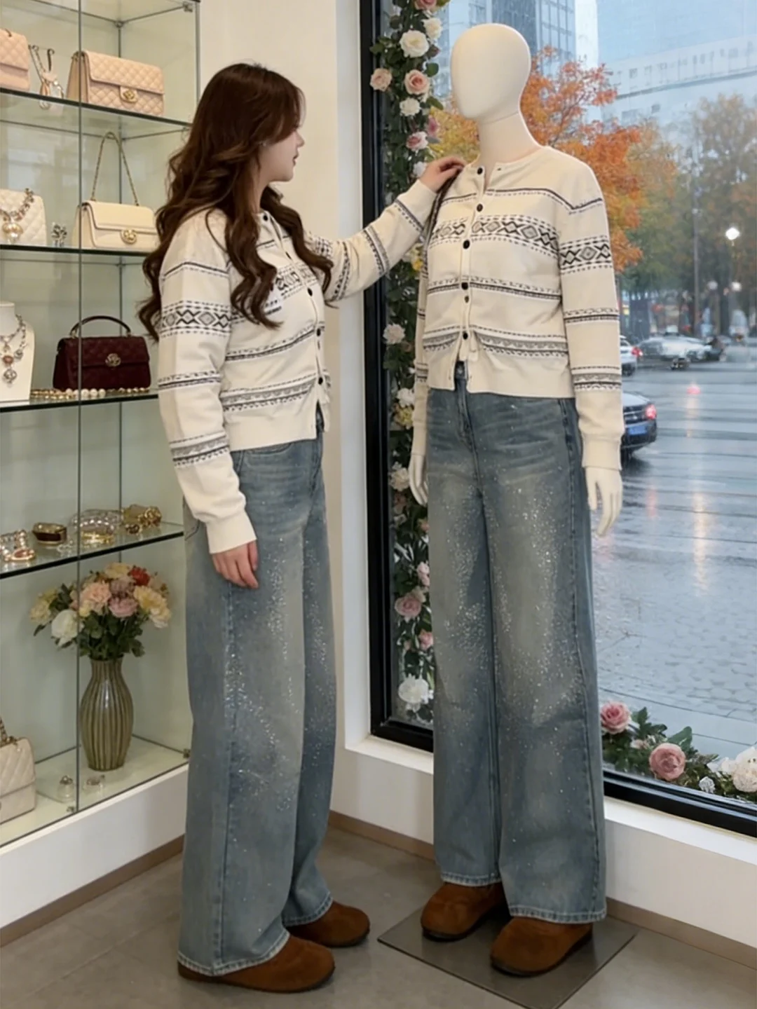 

Slimming Design Wide Leg Jeans Women's plus Size Diamond Embellied Straight Cut Casual High Waist Spring Faion 2026