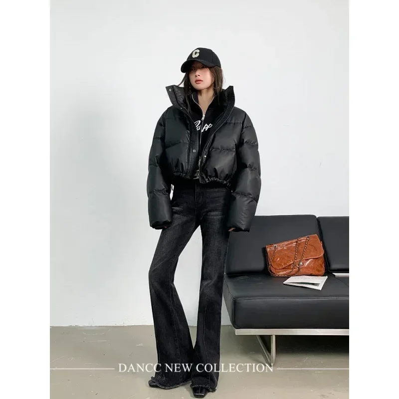 American Biker Women Pu Puffy Coat Winter Retro Cropped Parkas Casual Thick Warm Lady Long Sleeve Loose Cotton Down Coats