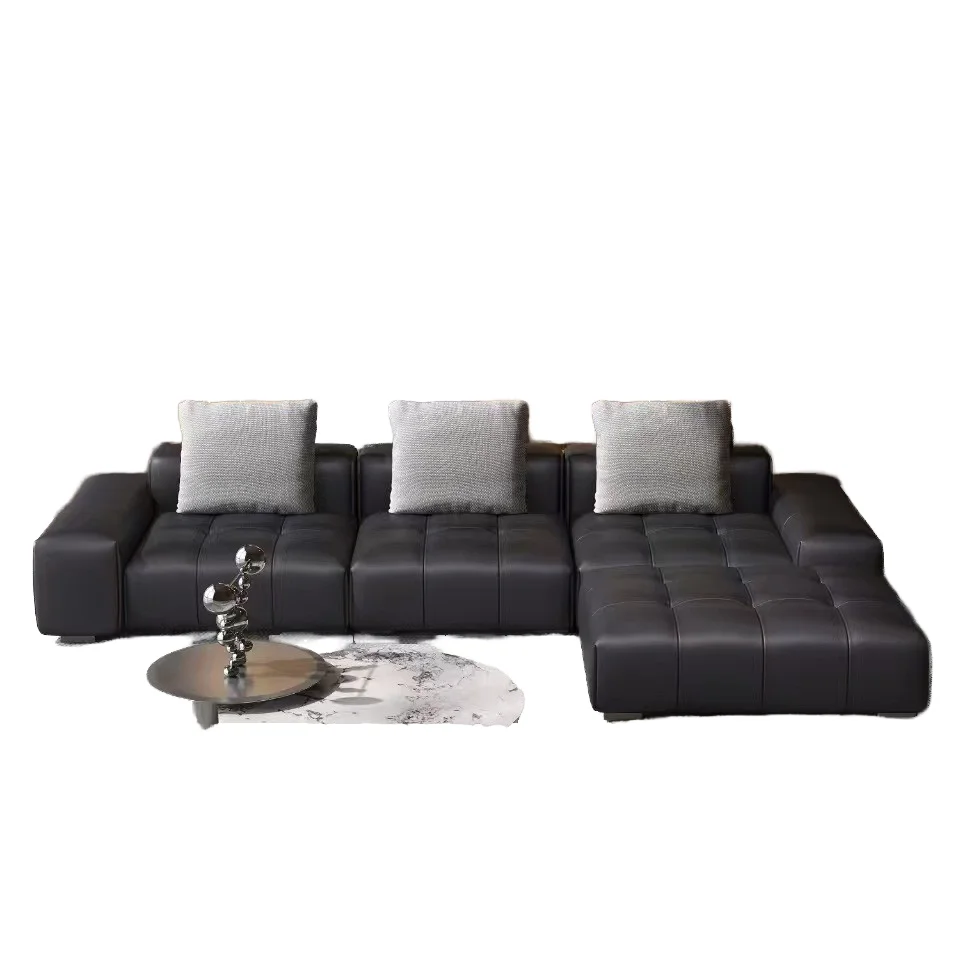 #Italian Minimalist Genuine Leather Pixel Sofa Set Top Layer Cowhide Large Flat Living Room Large Apartment Standard 50D Foam
