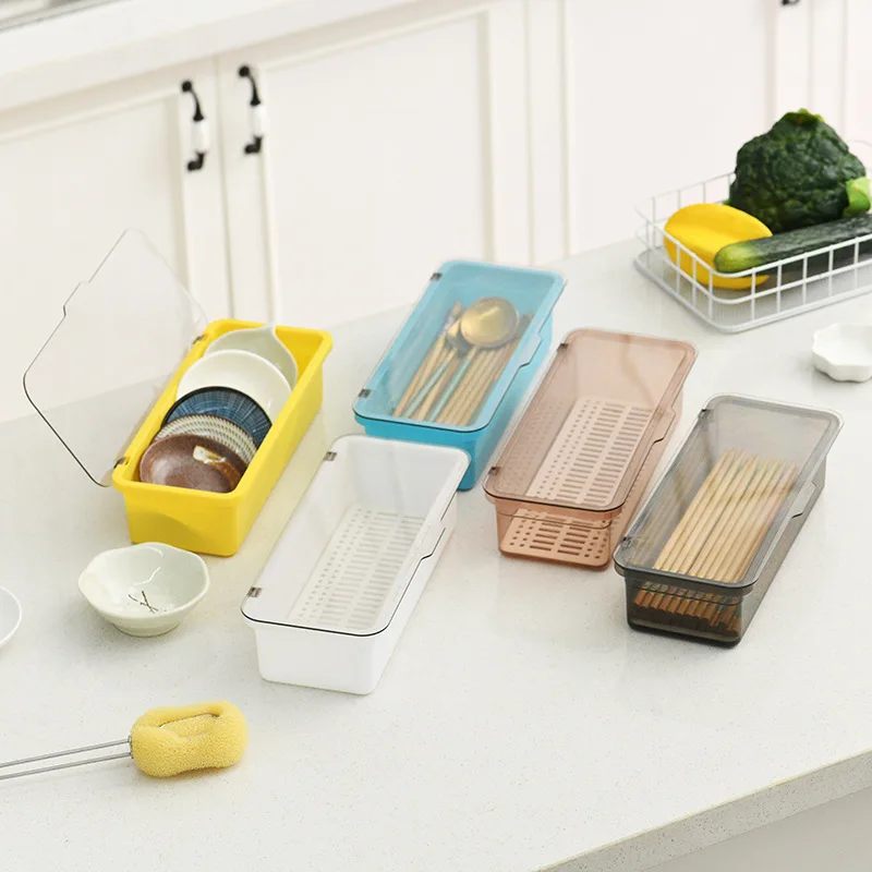 Cutlery Organiser Box With Lid And Drainer For Kitchen Tableware_voghion.com