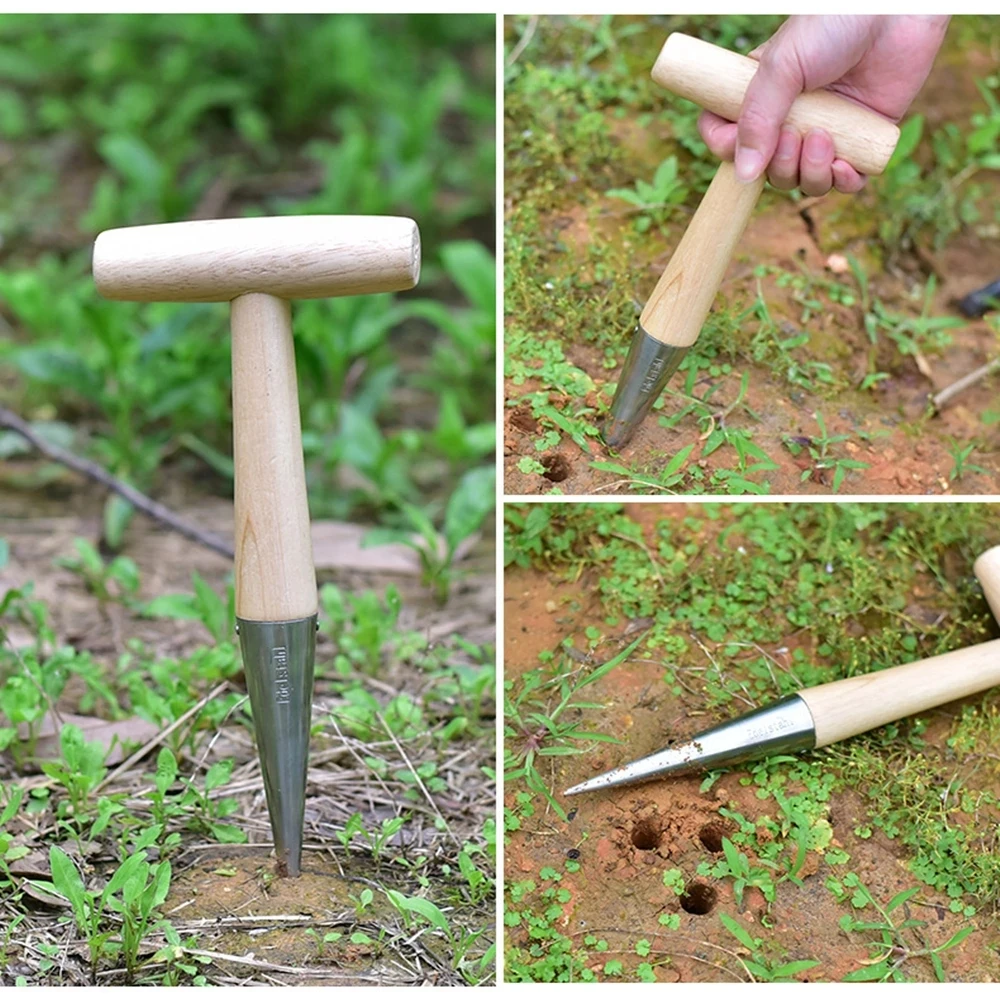 

Hand Held Sowing Seeds Garden Tool Durable Garden Dibber with Wooden Handle Chrome Coated Stainless Steel Head Light Sturdy