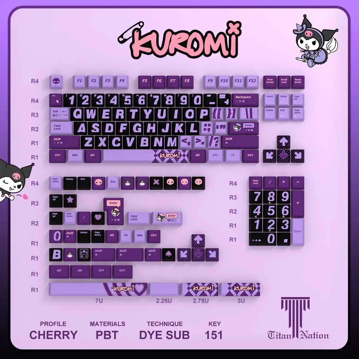 anime-sanrio-kuromi-keycap-151-keys-pbt-heat-sublimation-cherry-profile-cute-girl-mechanical-gaming-keyboard-translucent-keycaps