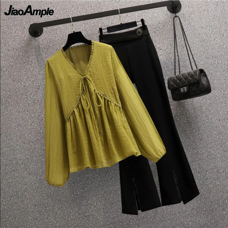 2024 Spring New Loose V-neck Chiffon Long-sleeved Shirts Flared Pants Two-piece Korean Casual Women's Fashion Tops Trousers Suit