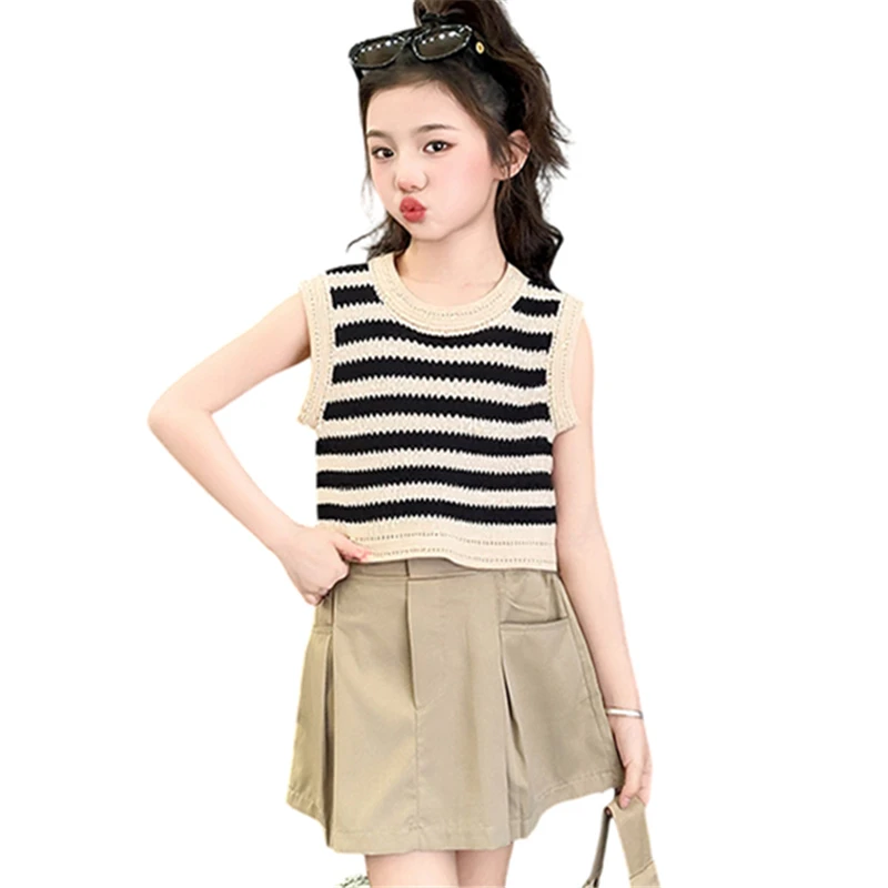 

Children Sleeveless Cotton Summer Knitted Sweaters Vest + Skirt Clothing Set for Girls Fashion Street Outfit Korean Kids Clothes