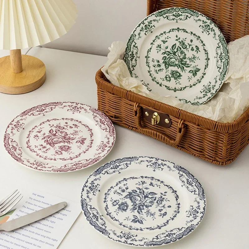 Plato de Cerámica con Diseño de Rosas Francesas Vintage de 8/10 Pulgadas, Estilo Europeo, para Cena, Ensalada, Postre, Vajilla Artística para el Hogar