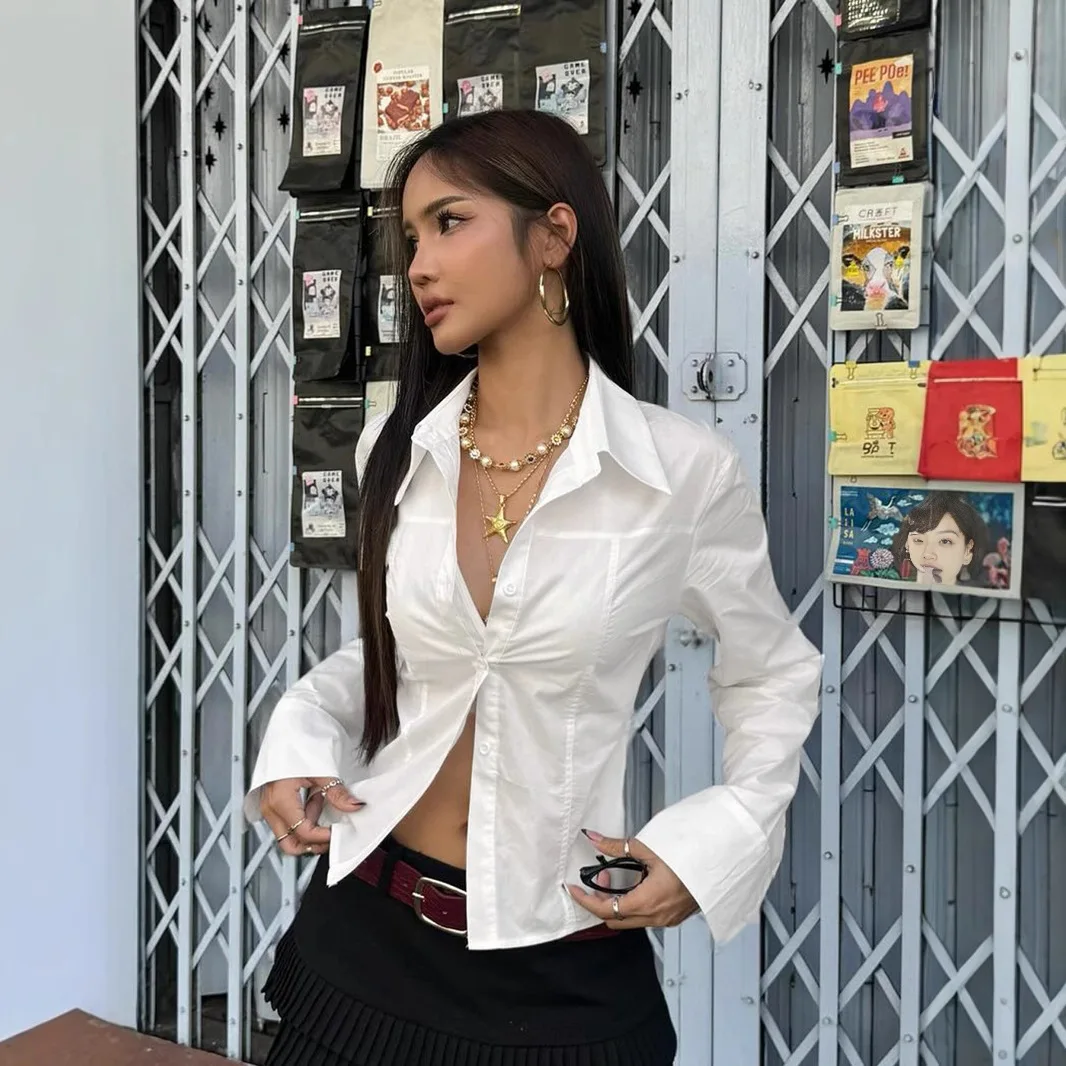 

DSMTRC 2025 Autumn Women White Shirt Fashion Lace-up Cardigan Top Casual Lapel Sexy Top Basic V Neck Elegant Party Women T-Shirt