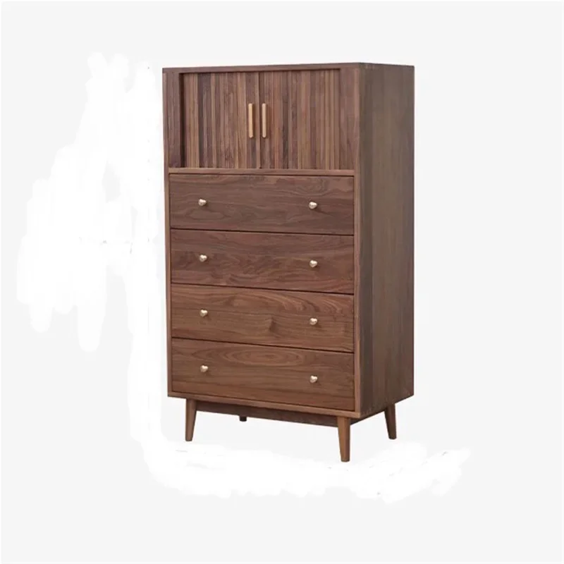 

Nordic solid wood black walnut chest cabinet, simple modern cherry wood roller shutter four chest cabinet, bedroom side cabinet,