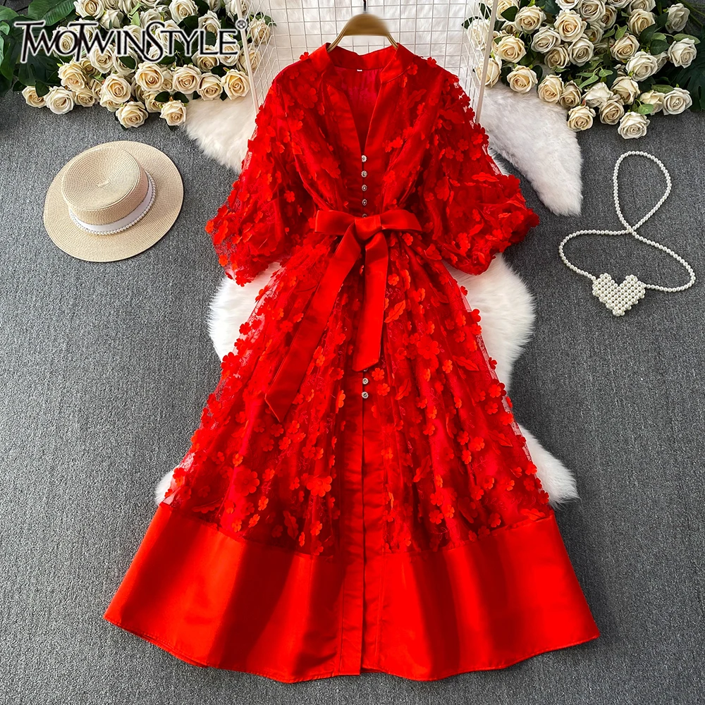 

TWOTWINSTYLE Solid Courtly Style Slim Dresses For Women Round Neck Half Sleeve High Waist Elegant Folds Dress Female KDR553391