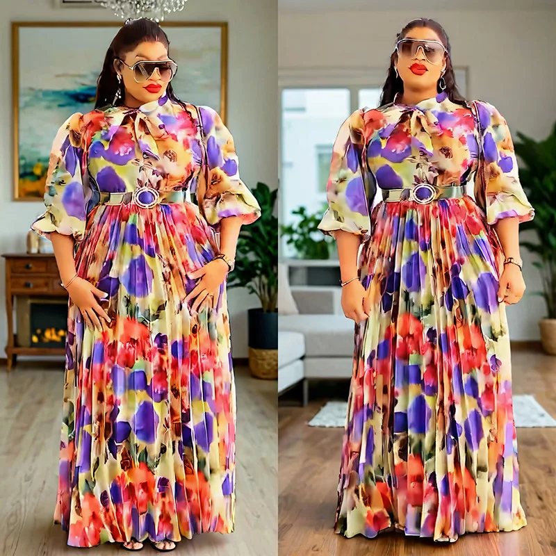 

Long Dress Women Dresses A Line Print Floral Vestidos Streetwear Puff Sleeve Elegant Y2k High Waist Casual Summer 2025 Maxi