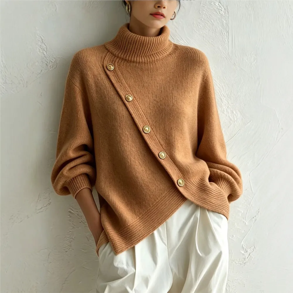 MsChuh Women's Jumper All-match Loose Simple Style Sweater Comfortable Retro Lazy Fashionable Slit Button Solid Color Turtleneck