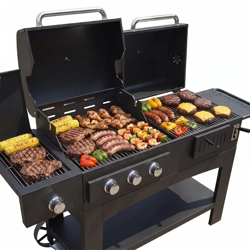 New Heavy Duty Professional 2-in-1 Gas & Charcoal Barbecue Large Multi-Functional Carbon Steel BBQ Grill for Outdoor Garden