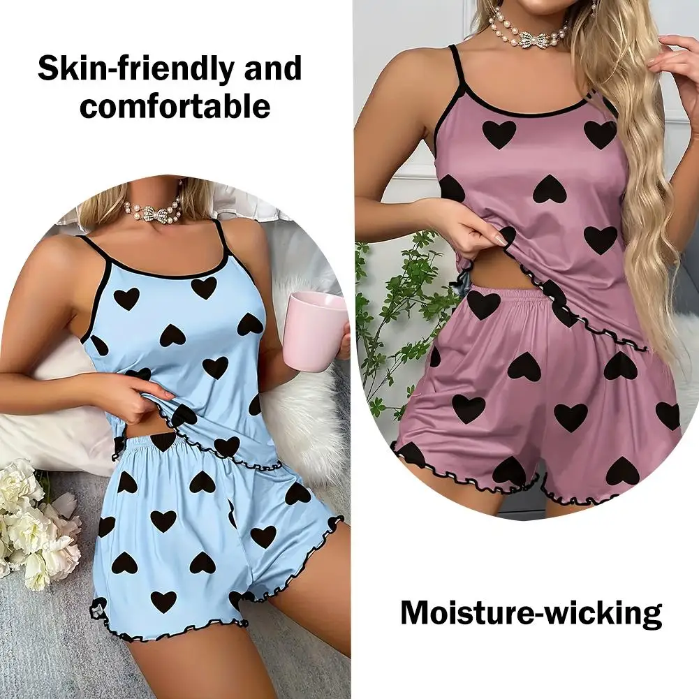 Women's Pajama Set Pajamas T-Shirts Shorts Pink Heart-Shaped Print Round Neck T-Shirt Ice Silk Top Comfortable Casual Summer view 4