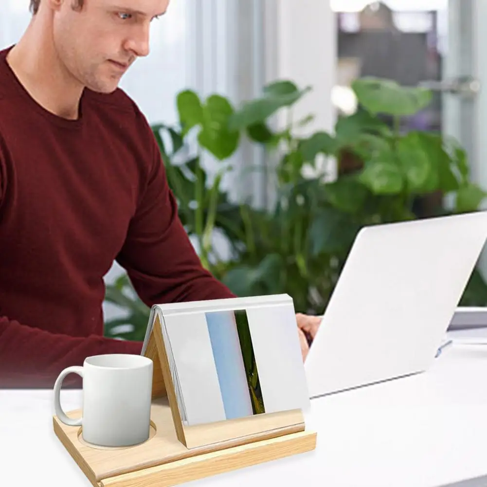 Table Book Storage Stylish Wooden Triangle Bookshelf with Cup Holder Tablet Slot for Home Organization Reading Convenience