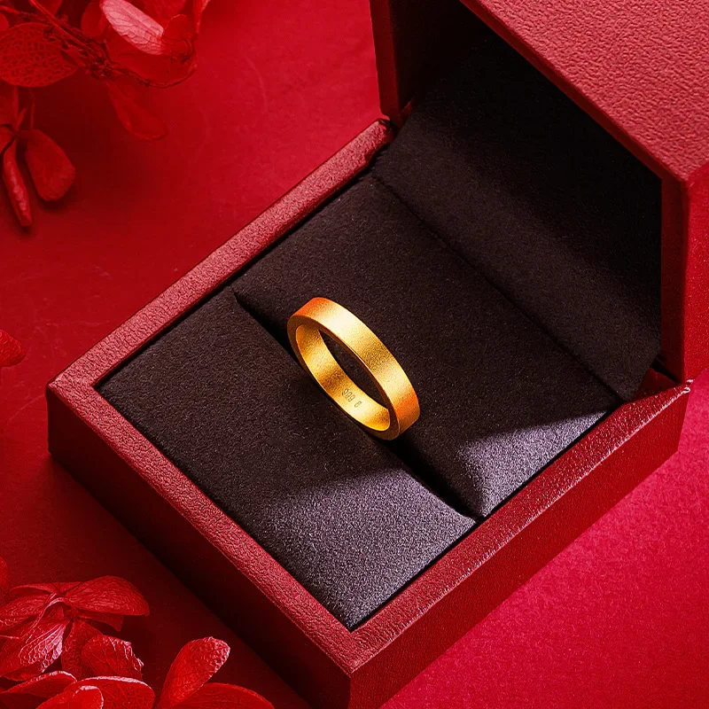 9999 Real Gold 24K Ancient Heritage Couple Plain Ring Men's and Women's Sandblasted Safe Closed Ring