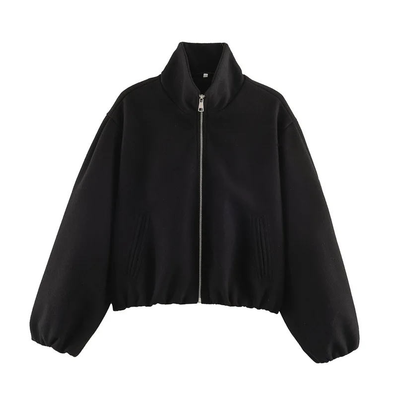 NINE ZAR Women's Pure Color Stand Collar Zipper Soft Pilot Jacket Outerwear Short Sleeve Long Zipper Other Material Short Style