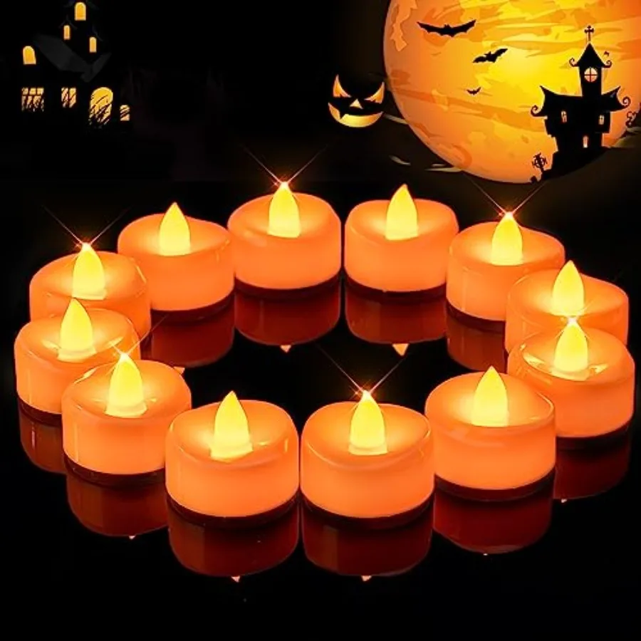 Halloween Flameless Candles, 12-Pack Orange Tea Lights Candles Battery Operated, LED Pumpkin Lights Flickering, Fake Tealight
