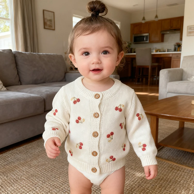

Autumn knit Coat Newborn 0-3Yrs Baby Girl Long Sleeve Winter Pure Cotton Sweater Cherry Embroidery Kids Knitted Sweet Clothing