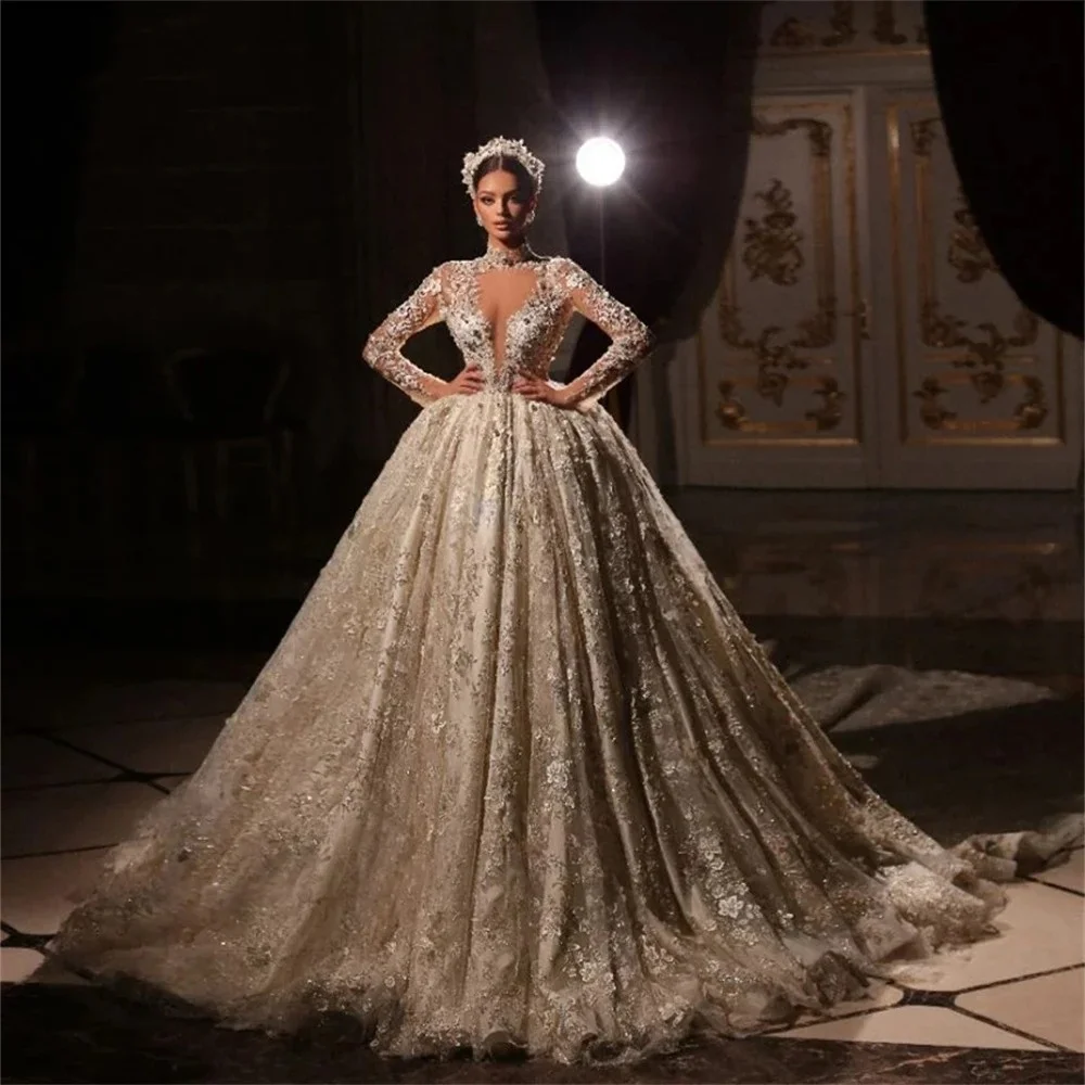 Luxurious Appliquéd Bride Gown 2024 Elegant Nailed Long Sleeve Wedding Dress For Women Graceful Bride Dresses Vestidos De Novia