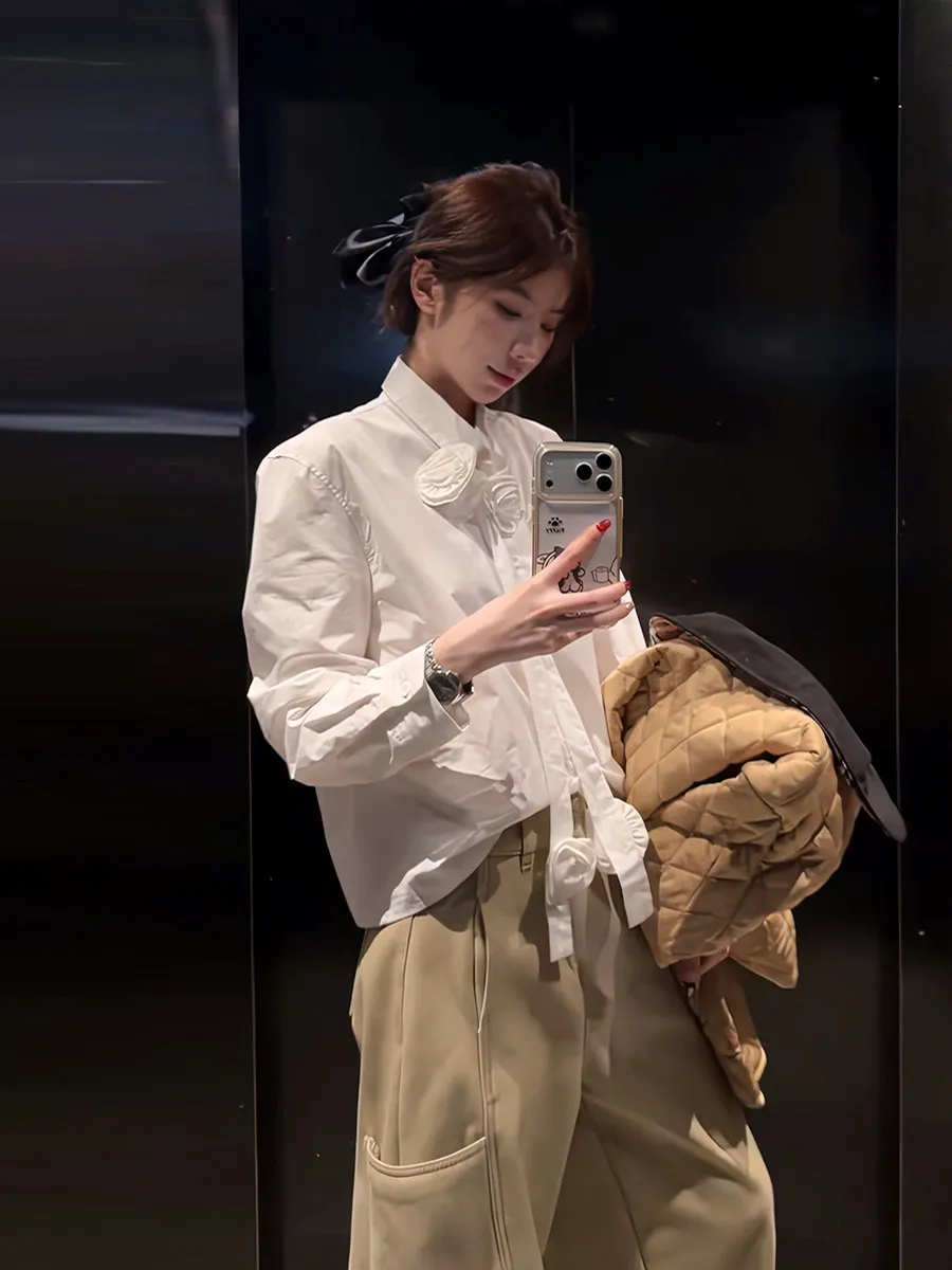 

Белая корейская женская свободная блузка с цветочным принтом, модная, весенняя новинка, стройнящий топ из дышащего полиэстера