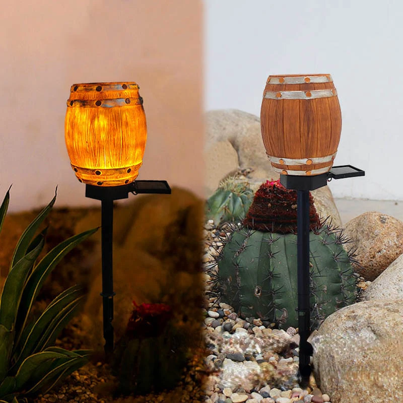 Outdoor Solar Wine Barrels Light Waterproof Garden Art LED Solar Stake Light Pathway Patio Bucket Decorative Landscape Lamp