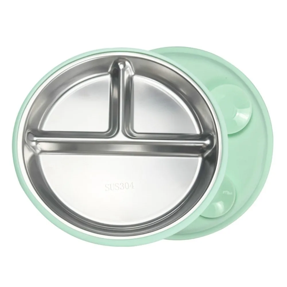 Divided Design Suction Cup Plates Silicone Shell 304 Stainless Steel Children 3 Grids Dishes Non-Slip Safe Material