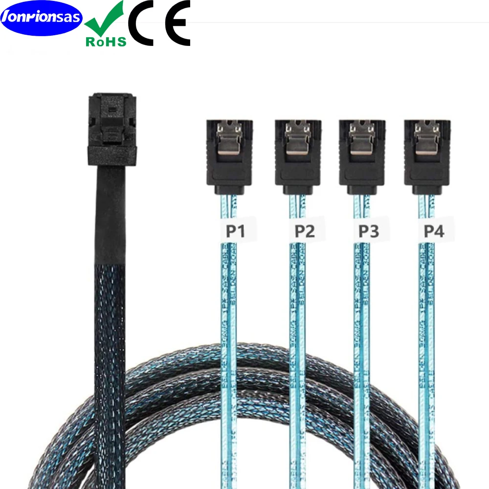 LONRIONSAS-Cable interno Mini SAS HD SFF 8643 a 4xsata de 7 pines, Cable Mini SAS con banda lateral, Compatible con 12gbps