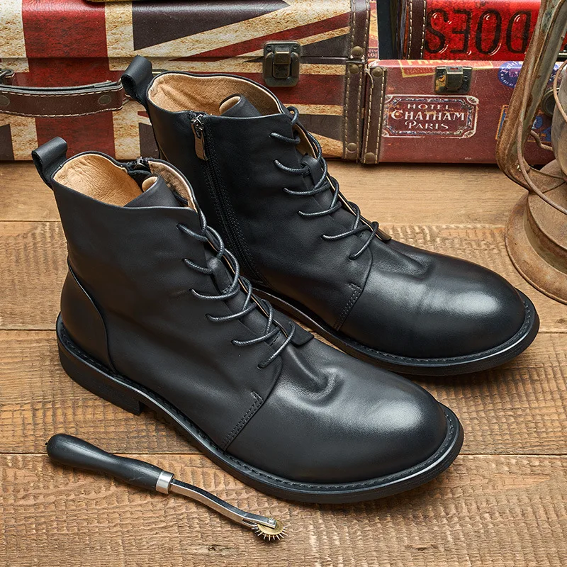 Soft Leather Men\'s Ankle Boots Luxury Quality Handmade Comfortable Genuine Leather Vintage Round Toe Autumn Business Shoes Man