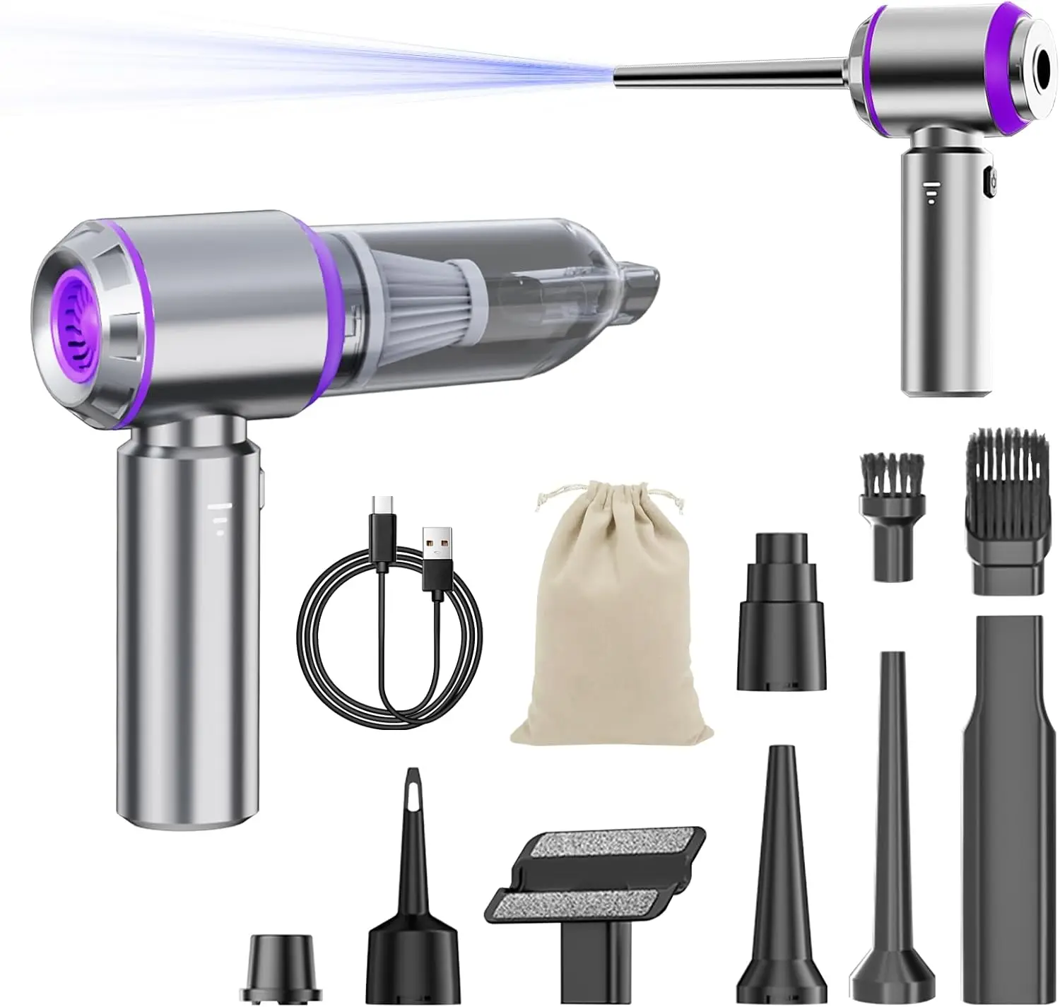 

Беспроводной автомобильный пылесос 20000 Па, портативный портативный пылесос 4-в-1 с бесщеточным двигателем, фиолетовый