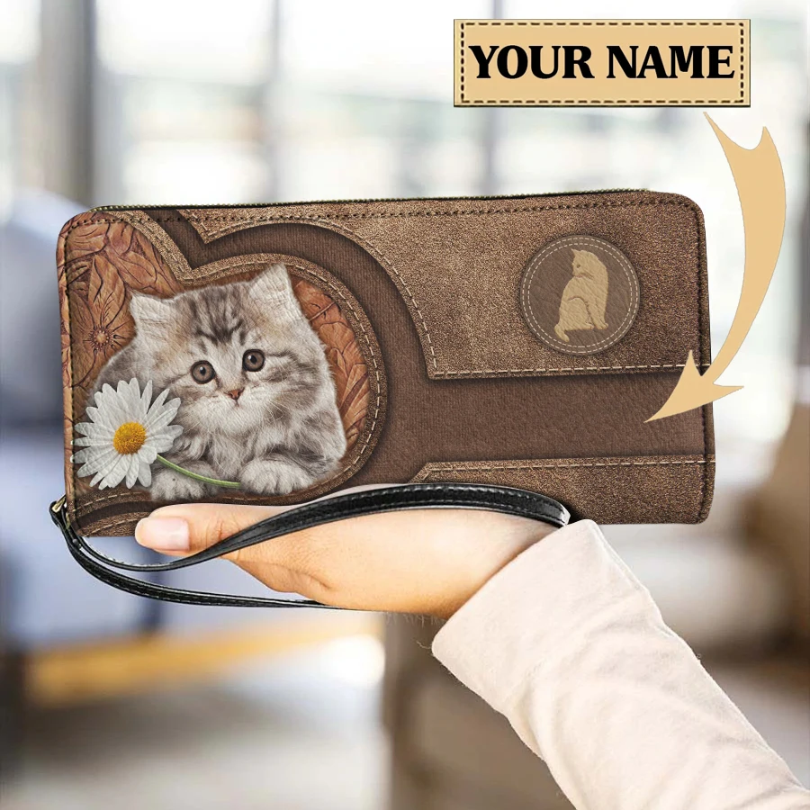 Pu Leather Wallet Lovely Cat Hold Little Daisy Print adies Wrist Wallet With String Card Holder Purse Party Clutch Money Bags