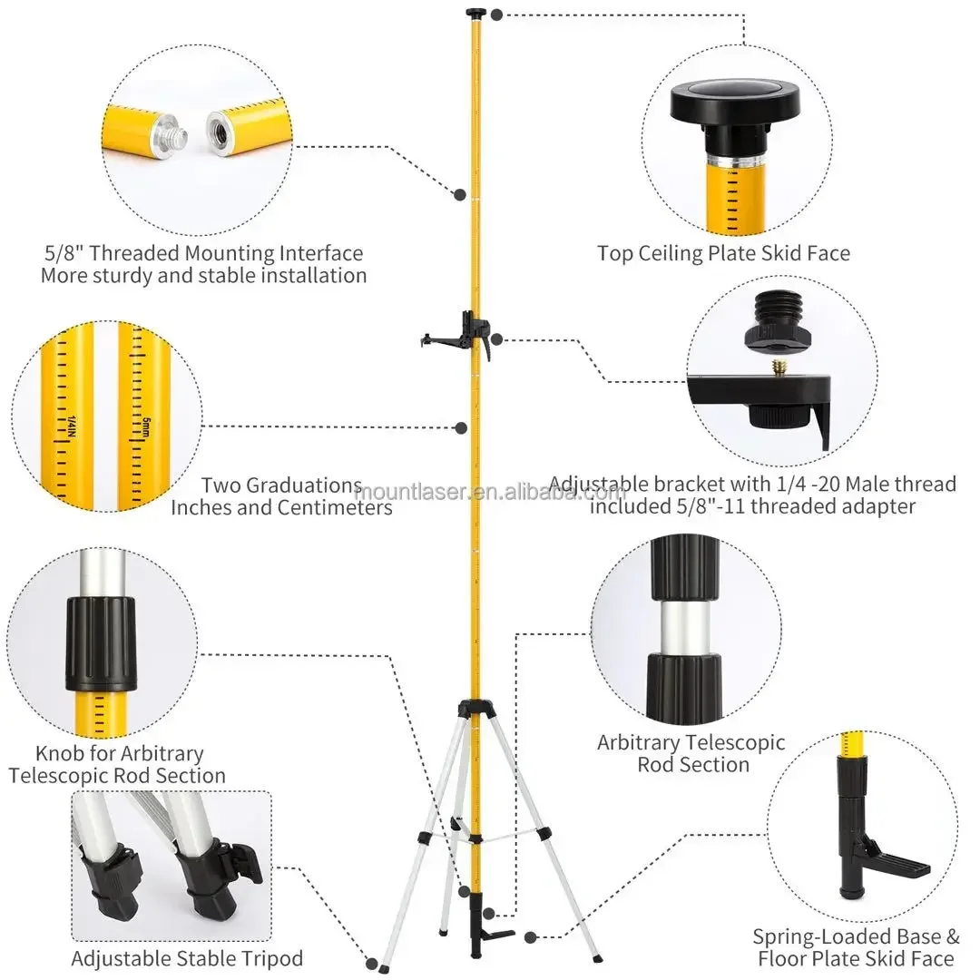 Telescoping Laser Level Support Pole With Tripod And Mount For Lasers Level Of Rotary And Line Lasers