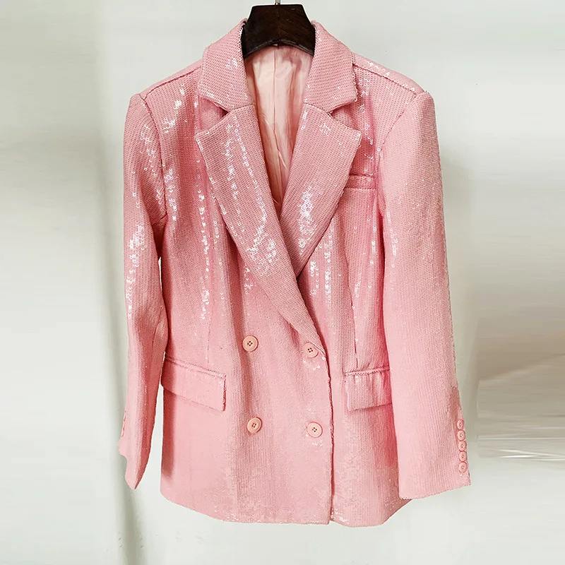 Blazer feminino de lantejoulas de alta qualidade, pescoço entalhado, trespassado duplo, manga longa, solta, casacos elegantes, casaco, marca superior, novo, 2024