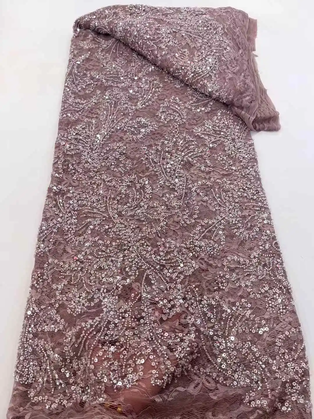 

Latest Sequins Tulle Lace Fabric African Embroidery Beaded High Quality Nigerian Lace For Wedding party-XC