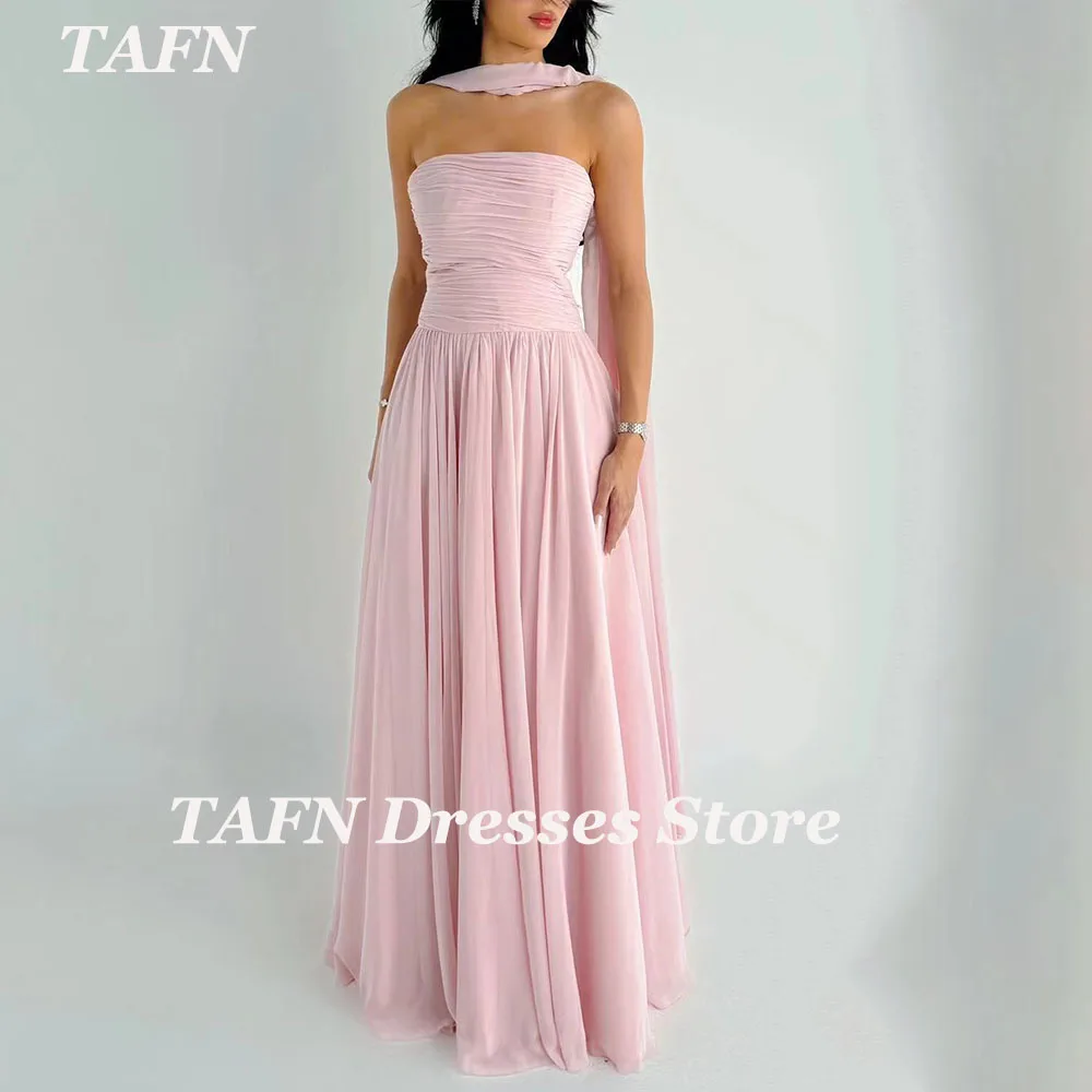 

TAFN Formal Evening Dresses Strapless A-line Draped Pink Elegant Floor-Length Prom Party Gown Custom Made vestidos de fiesta