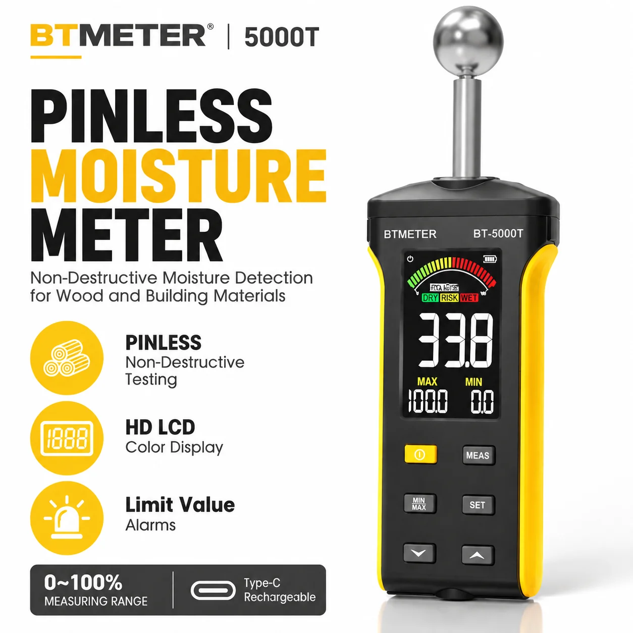 Pinless Wood Moisture Meter Non-Destructive Tester 20-40mm Depth Masonry Concrete Wall Humidity Detector with Spherical Sensor