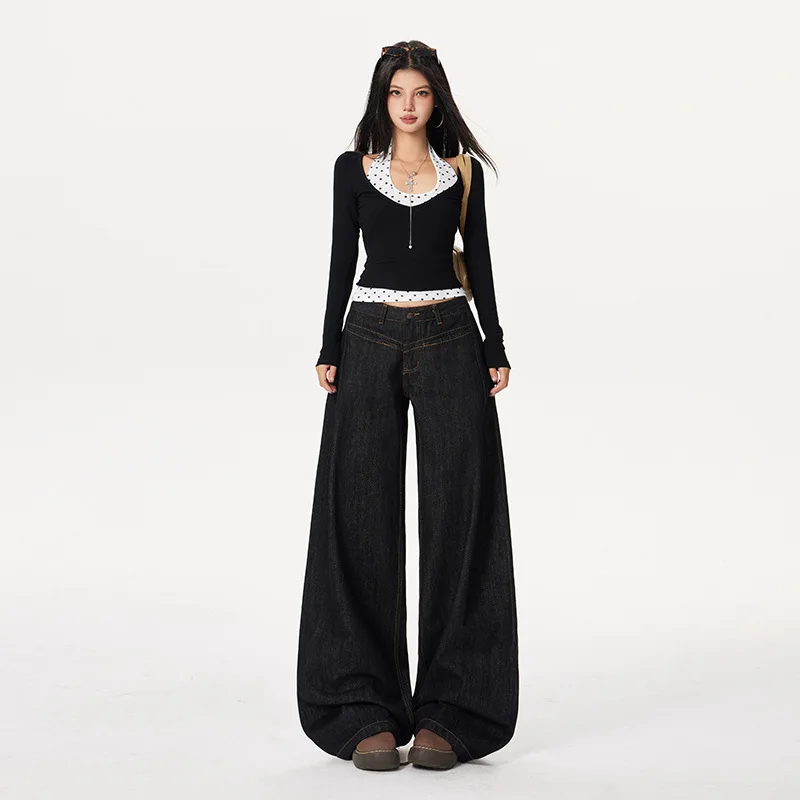 

Джинсы-сабля черного цвета с низкой талией, универсальные свободные брюки с широкими штанинами для женщин