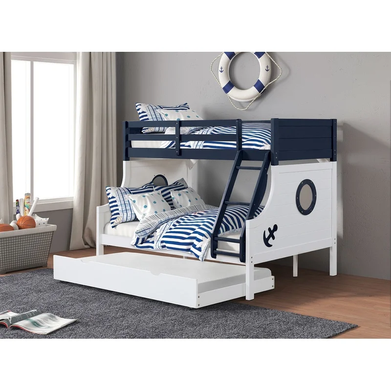 

Modern Twin Over Full Bunk Bed with Attached Ladder, Safety Lock Joint, Blue White Finish