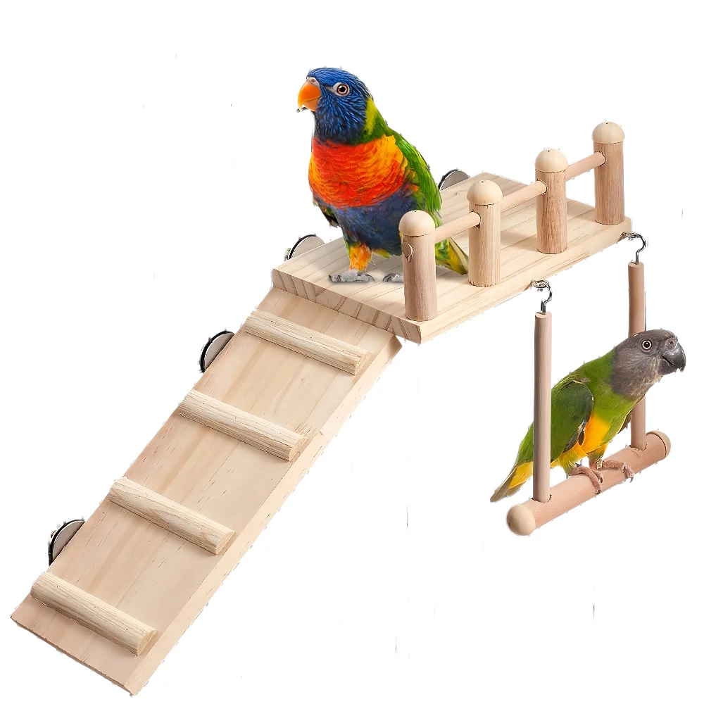 

Wooden Bird Perch Platform with Ladder & Swing Pet Bird Cage Playground Toys for Parakeets Cockatiels Budgies